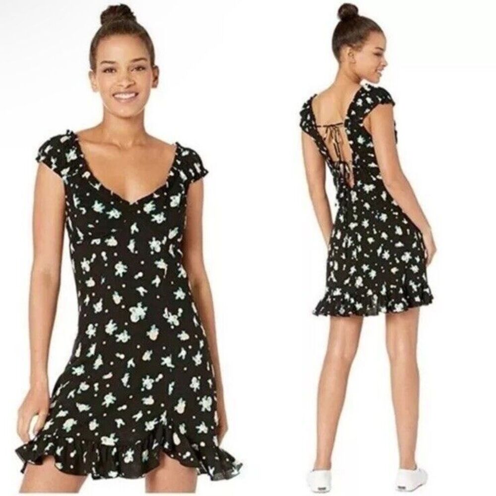 FREE PEOPLE Like A Lady Sweetheart Mini Dress Size XS Black Lemon Print Bohemian